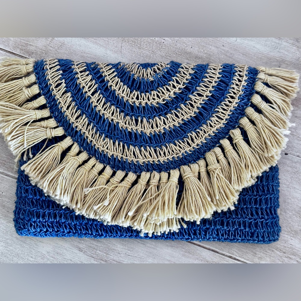 Handcrafted Blue and Tan Woven Clutch